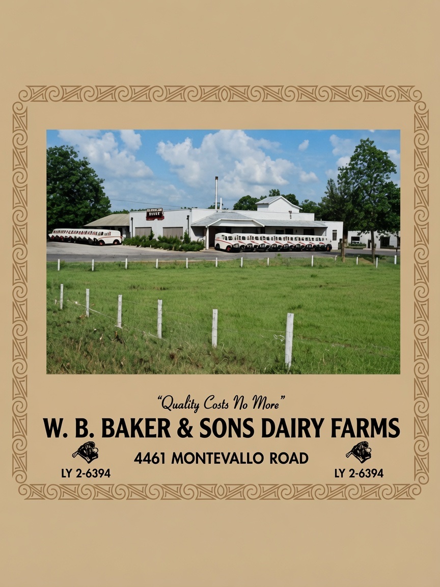 W. B. Baker & Sons Dairy Farms at 4461 Montevallo Road, the main Baker dairy in the McElwain community, with the delivery trucks lined up out front and pasture running to the road. The slogan on the card: