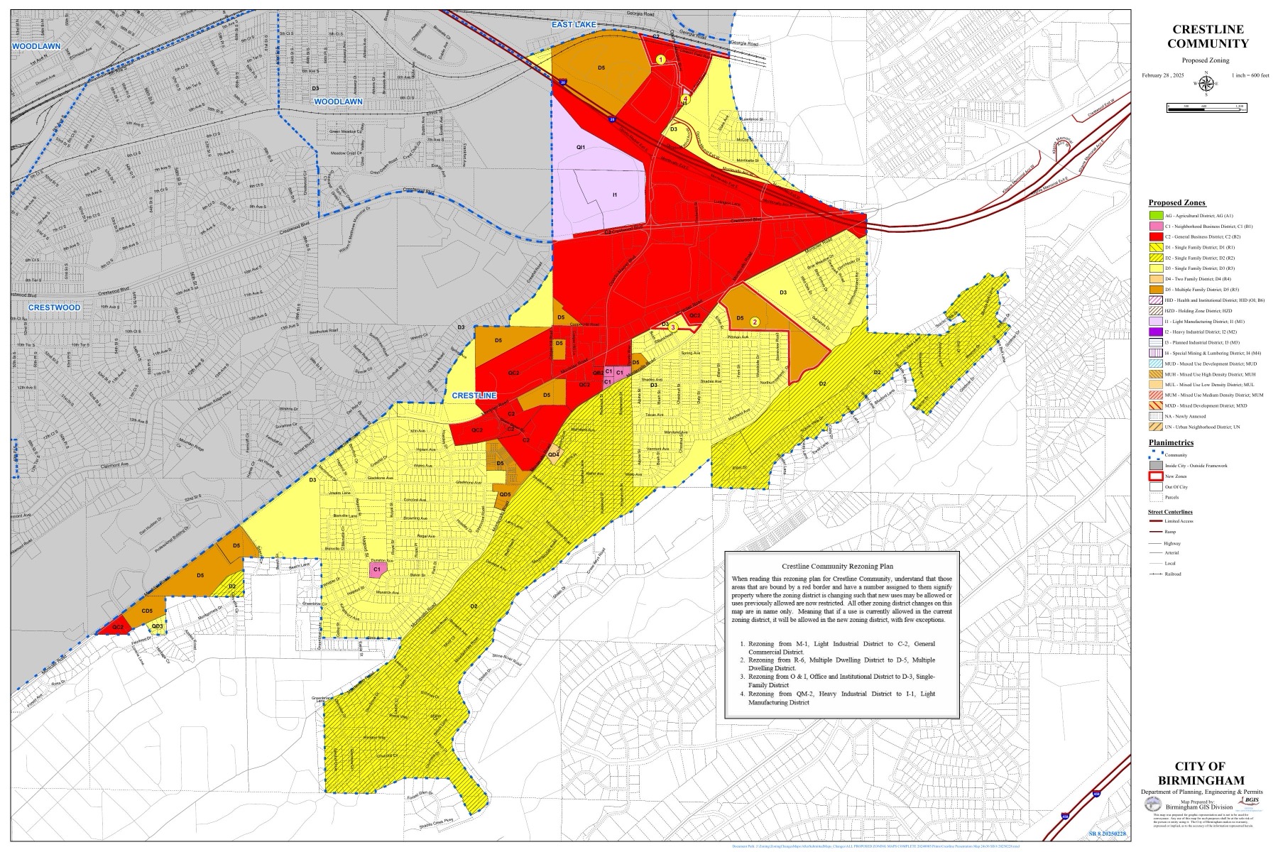 City of Birmingham proposed zoning map for the Crestline community, February 28, 2025