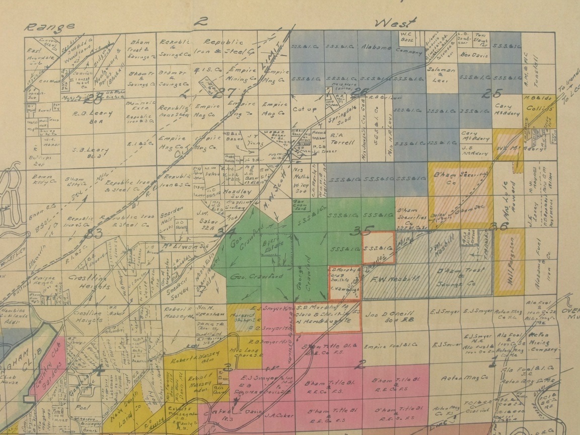 An owner's map of the district from the mining years, when the mountain and its ore still governed who held what. The great industrial companies ring the ridge: Republic Iron & Steel, Empire Mining, and the Sloss-Sheffield Steel & Iron parcels marked