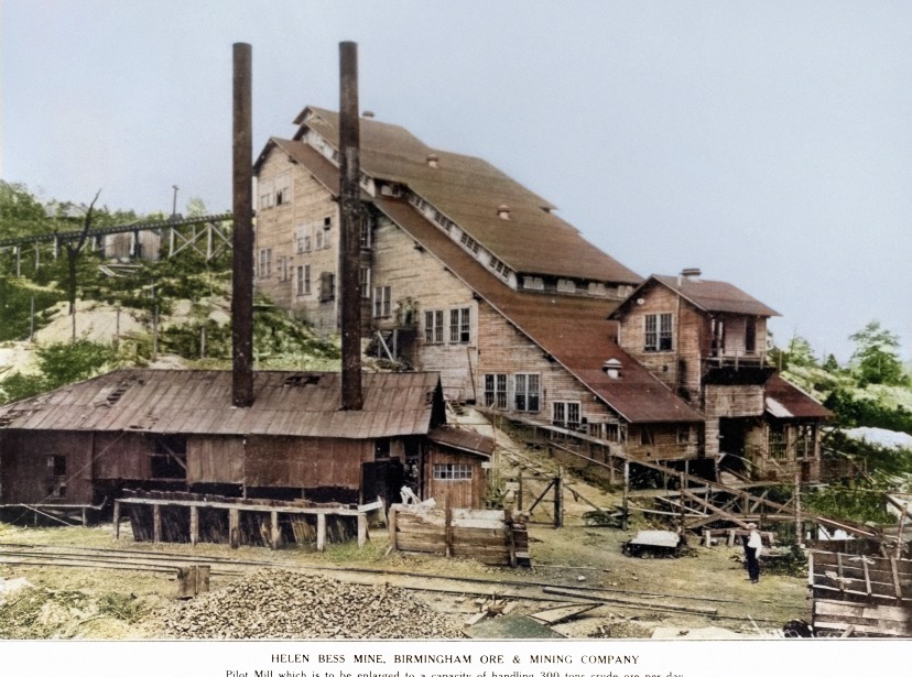 The Helen Bess mine of the Birmingham Ore & Mining Company, in the ravine behind today's Mountain Brook Post Office. The pilot concentration mill is the long-roofed structure climbing the hillside. Colorized and restored by Todd Russell.