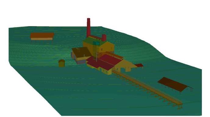 A three-dimensional digital reconstruction of the Irondale Furnace as it stood around 1870, with the ore tramway running in from the left. Architect Richard K. Anderson, Jr. built the model for the City of Mountain Brook in 2005 by matching a CAD model against the four surviving 1870 photographs, view by view.