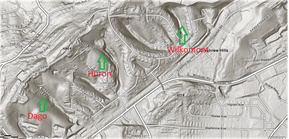 LiDAR imaging of the south face of Red Mountain above Montclair Road, showing the mine-scarred ravines of the Dago, Huron, and Wilkomont workings and the grade of the Birmingham Mineral Railroad's Red Gap Branch.