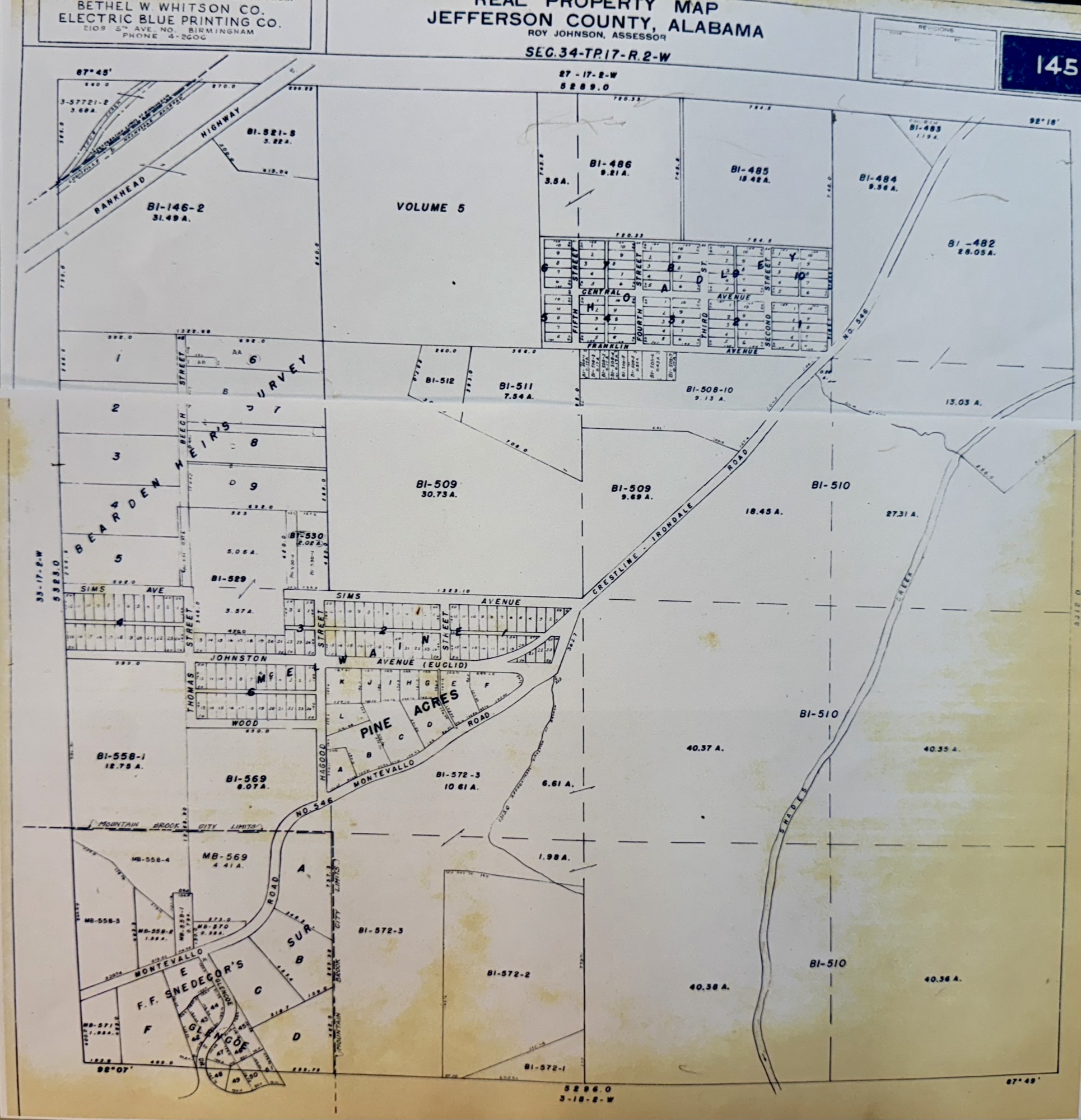 The Jefferson County Real Property Map of this ground before the neighborhood filled in: the Hoadley blocks at top, Sims Avenue running through the McElwaine subdivision, the Bearden Heirs Survey, and Beech Street. Euclid Avenue still carries its old name, Johnston Avenue. From Todd Russell's map collection.