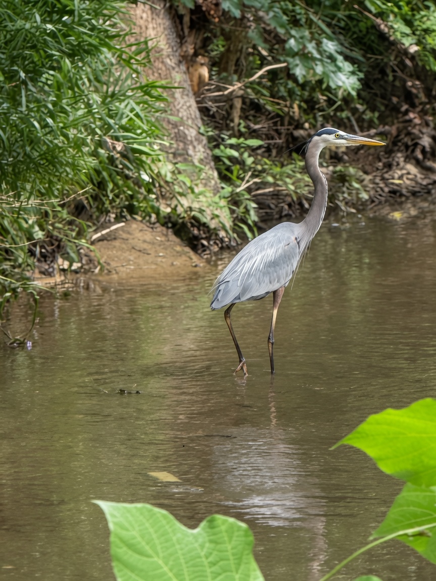 A great blue heron wades Shades Creek.