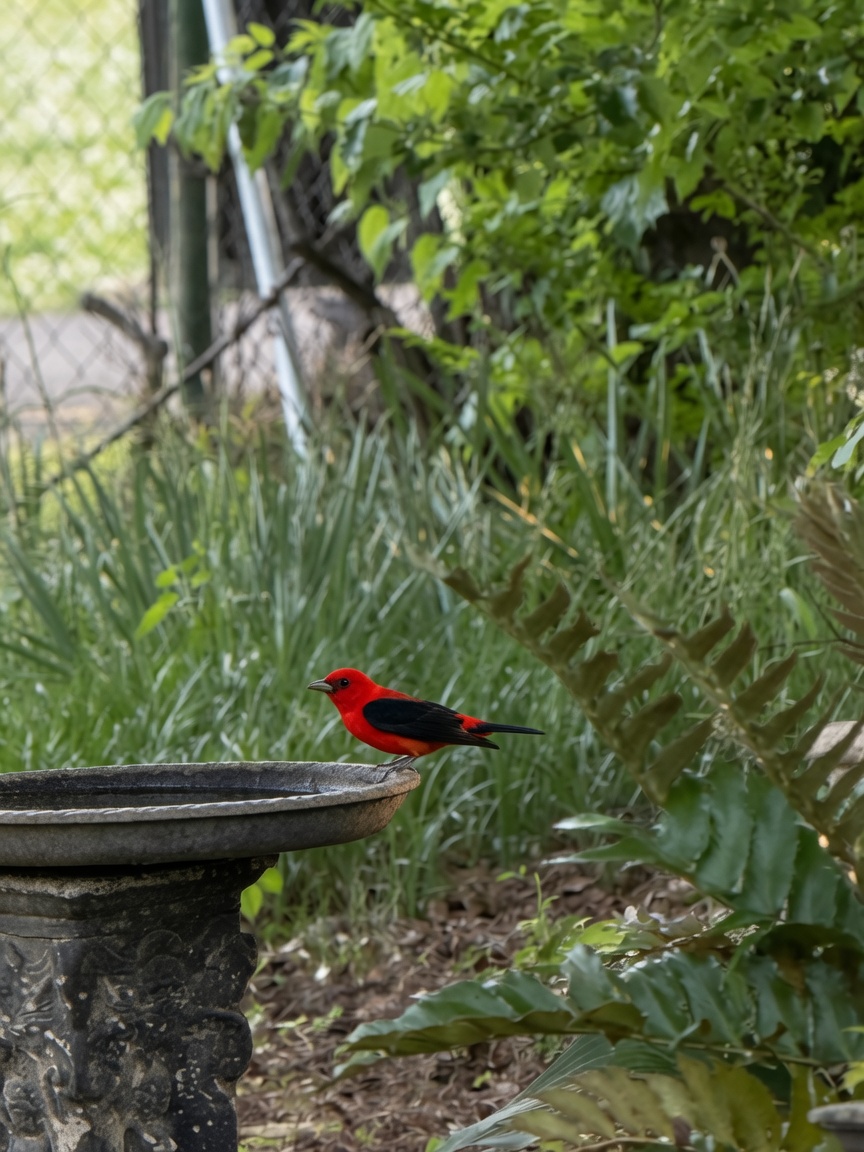 A scarlet tanager at a neighborhood birdbath.