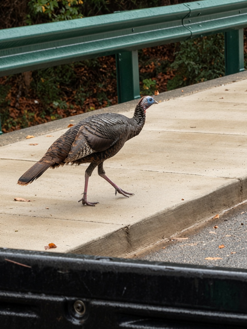A wild turkey crosses the Shades Creek bridge.