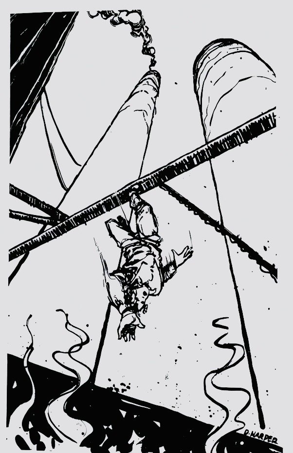 Illustration by Dennis Harper depicting Theophilus Jowers falling into the furnace — from Kathryn Tucker Windham's 1978 pamphlet