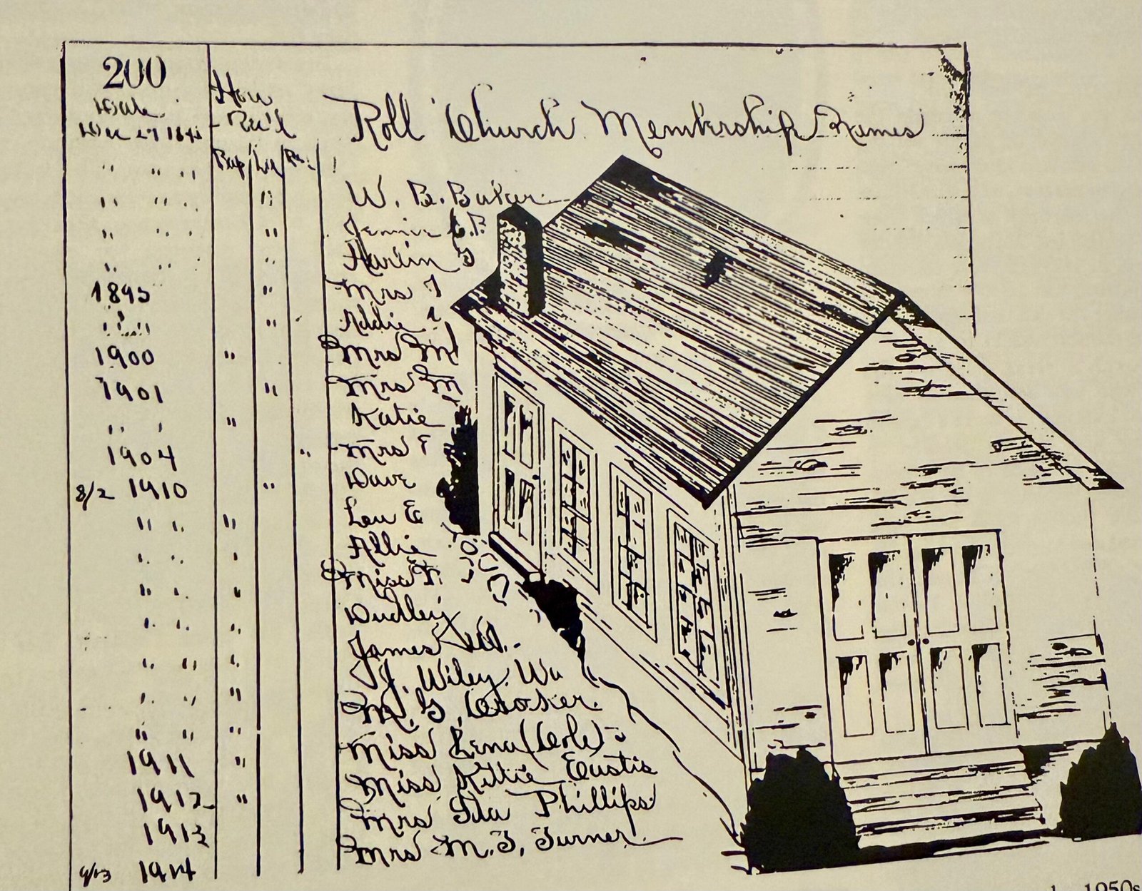 McElwain Baptist Church original membership roll and drawing of first building